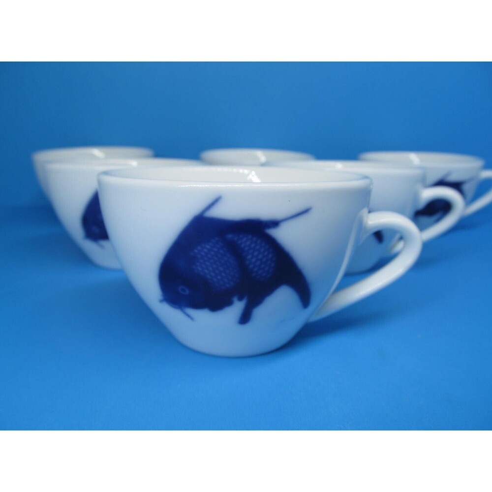 Misty Rose Blue Koi Fish Tea Cups Super White China Bundle of 6